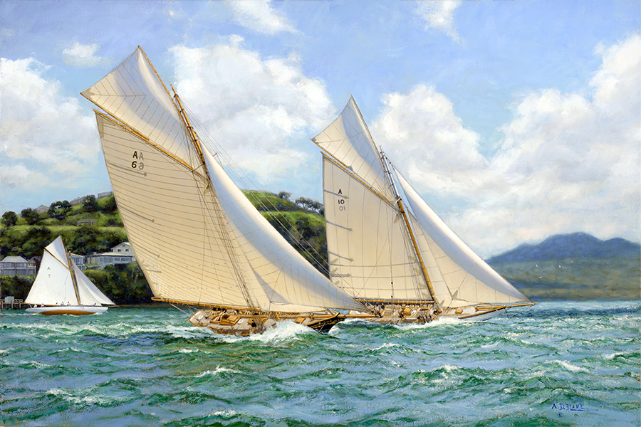 A-class yachts Thelma, Waitangi and Rainbow racing past North Head